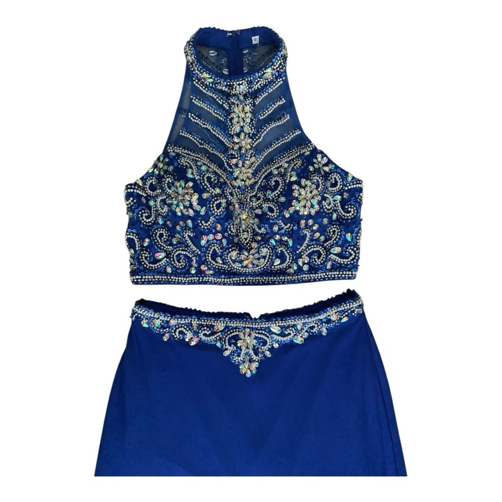 Alyce Paris Royal Blue Beaded 2-Piece Prom Dress Size 6 High Neck Formal Gown - Picture 4 of 11